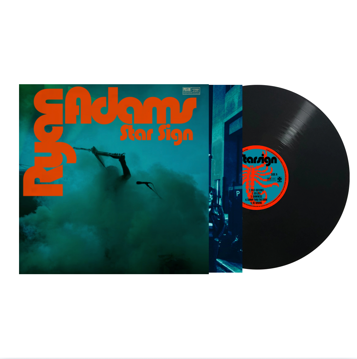 Psychedelic album 'Star Sign' by Adams, shown with the illustrated sleeve on the left and the black vinyl record partially pulled out on the right against a white background.